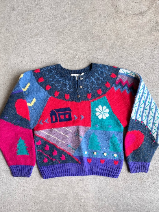 Eagles Eye Sweaters - Vintage 80s Eagle eye patchwork wool hand knit cottagecore sweater jumper top